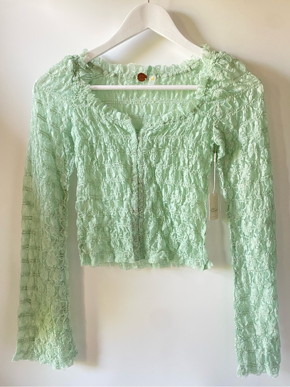 Free People FP One Madison Top Lace Bell Sleeve Cameo Mint Green Boho NWT XL